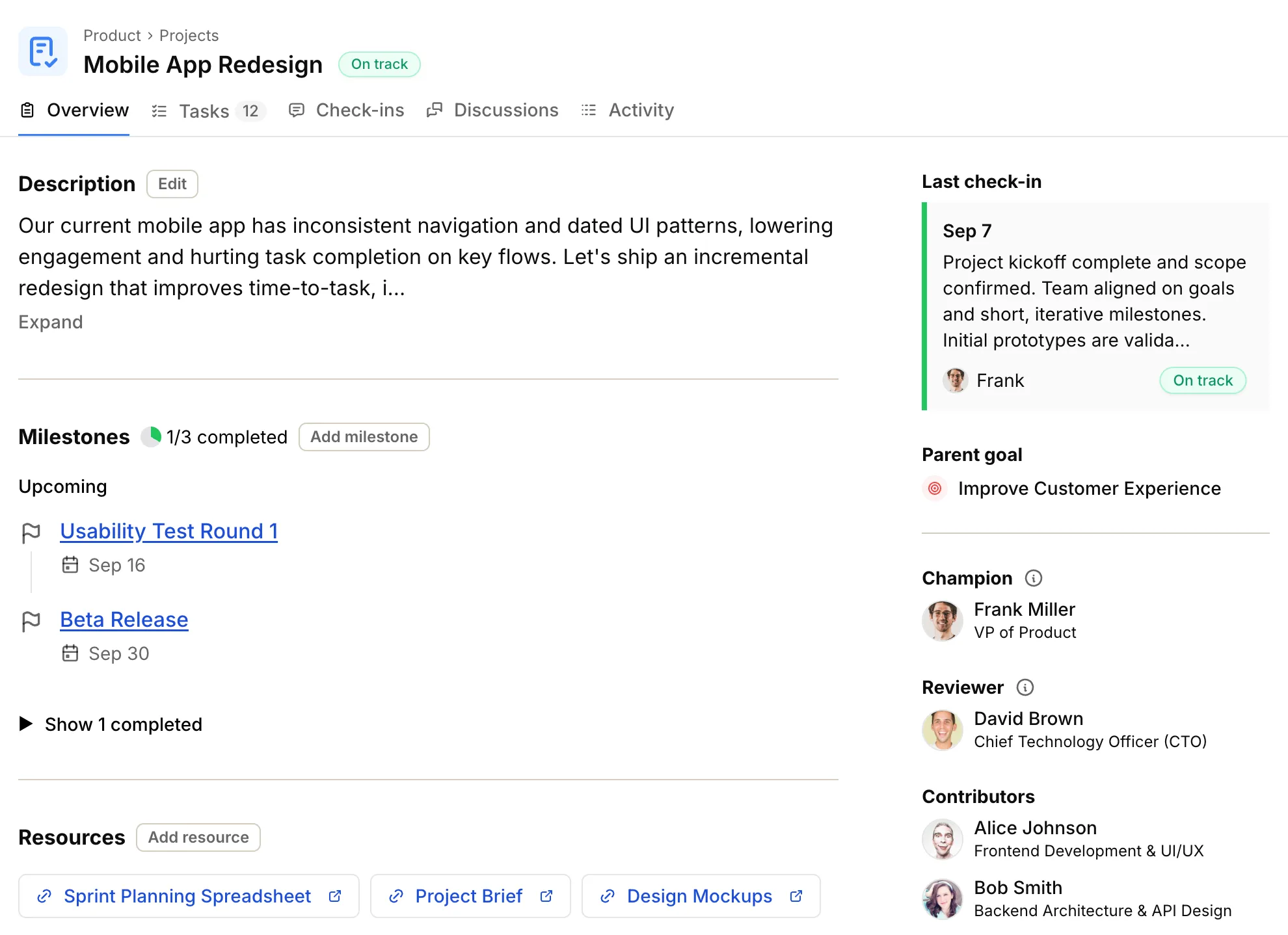Operately screenshot, dashboard with goals and projects.